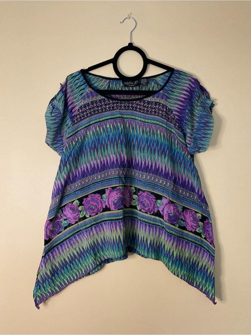 Lola P Purple & Teal Floral Chevron Short-Sleeve Top